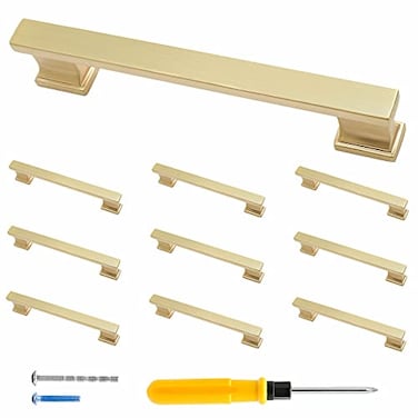 Cionyce 10 Pack 5 Inch Cabinet Handles Brushed Satin Brass Dresser Drawer Pulls Modern Kitchen Cabinet Door Handles 5 Inch Hole Center