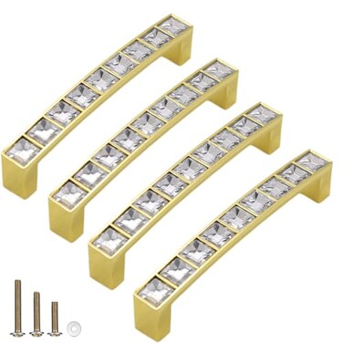ESreake 4 Pack Gold U Shape Crystal Glass Rhinestone Cabinet Pulls Knobs HandlesModern Decorated Shiny Dresser Drawer Konbs Pulls Handles for Cupboard Wardrobe Dresser 4 Pack 38 Hole Centers