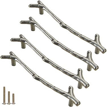 ESreake 4Pcs Large Vintage Tree Twig Branch Cabinet Knobs Pulls HandlesZinc Alloy Drawer Pull Handle for Farmhouse Cabin Mountain House Kitchen Cupboard 4 Pack Hole Distance 5 Ancient Silver