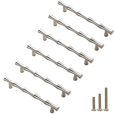 ESreake 6Pcs Bamboo Shape Solid Zinc Alloy Cabinet Pulls Handles Dresser Drawer Cabinet Cupboard Closet Door Pull Decorative Furniture Accessories Knobs Length 61Hole Distance 5 Silver