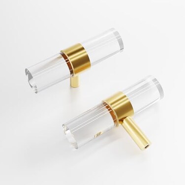 foxwake Adjustable Acrylic and Brass Cabinet Pulls Center to Center 4Set Modern Gold and Clear Dresser Handle Unfinished DIY Gorgeous Knobs for Kitchen Drawer Closet Single Hole 4Pack