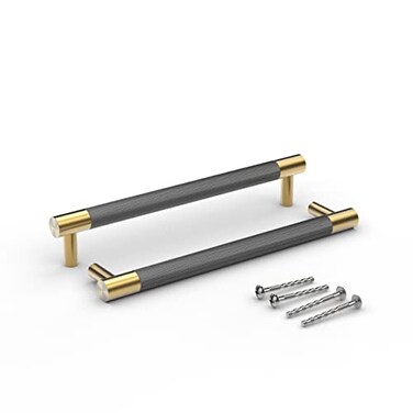 Githtra Bar Cabinet Handle Knob Pull Brushed Satin GoldBrass Finish with Electroplated Dark Gray 85 75 Hole Center for Kitchen Cabinet HardwareDresser Drawer Handles 10 Pack