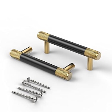 Githtra Bar Cabinet Handle Knob Pull Brushed Satin GoldKnurled Brass Finish with Electroplated Matte Black 46 378 Hole Center for Kitchen Cabinet HardwareDresser Drawer Handles 10 Pack