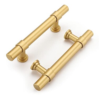 Haliwu 10 Pack 3 inch Hole Center Gold Cabinet Handles Brushed Brass Drawer Pulls for Kitchen Hardware Handles Barrel Dresser Cabinet Pulls