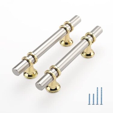 Haliwu 10 Pack Brushed Nickel Cabinet Pulls Barrel Cabinet Handles Gold Kitchen Hardware Pulls 3 inch Hole to Hole Center