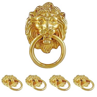 Jiozermi 5 Pcs Lion Head Cabinet Pull Handle Ring Pulls Handle Drawer Pulls for Dresser Wardrobe Kitchen Cupboard Gold