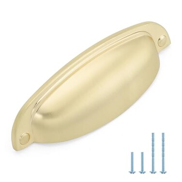 JOY DECOR 5 Pack 334 Brushed Brass Cup Drawer Pulls Zinc Alloy Kitchen Cabinet Handles for Dressers Drawers Farmhouse Style 96 mm Hole Centers Cup Pulls Hardware