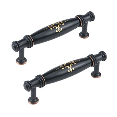 KUMGROT Black Cabinet Pulls with Gold Prints 378 Hole Center to Center Ceramic Drawer Pulls Handles Antique Kitchen Cabinets Dresser Drawers Pull for Bathroom Bedroom Office 2 Pcs