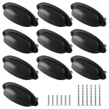 Kyuionty 10 Pack Antique Black Drawer Pull Handle Knobs Metal Cup Pull 35 Hole Centers Vintage Shell Pull Handles for Kitchen Cabinet Dresser Furniture