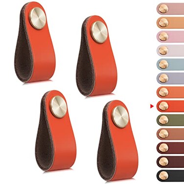 LEREATI 4 Pack Leather Drawer Pulls Orange Cabinet Handles Single Hole Dresser Knobs Cabinet Door Handle Faux Leather Pulls for Dresser Closet Kitchen Cupboard Single Hole Orange