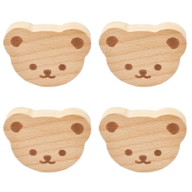 MOROBOR 4PCS Bear Shaped Wooden Knobs Single Hole Beech Wood Handles Wood Cupboard Cabinet Handles Knobs for Chest of Drawers with Screws Expansion Tube