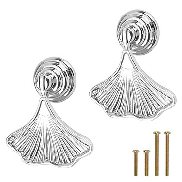 MOROBOR Ginkgo Leaf Shape Knob Handles 2pcs Bright Silver Drop Pendant Pull HandleHardware Drawer Single Hole Handle for Wardrobe Cupboard Closets Cupboard