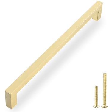QOGRISUN 2 Pack Solid Brass Cabinet Pulls 1235 Inch Hole Center Brushed Matte Gold Square Drawer Handles Modern Brass Hardware for Kitchen Dresser Bathroom Cupboard Furniture