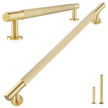 QOGRISUN 2Pack Solid Brass Cabinet PullsGrooved Gold Bar Handles 1235Inch Hole Center for Kitchen Drawer Dresser Cupboard 152Inch Total Length Brushed Brass Finish Eleganza