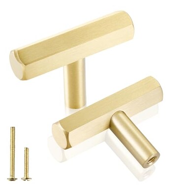QOGRISUN 5Pack Solid Brass Cabinet Knobs Hexagon Drawer HandlesSingle Hole Handles Suitable for Kitchen Bathroom Dresser Cupboard Hardware 2Inch Total Length Brushed Finish