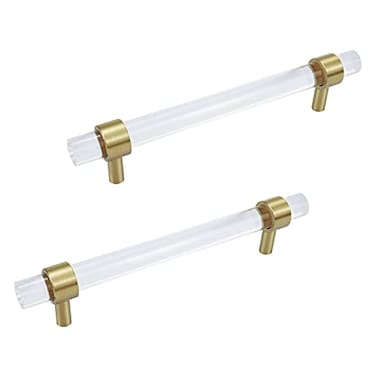 Savagrow 2pcs Brushed Brass Acrylic Cabinet Pulls 5 Hole Center Clear Household Office Tbar Drawer Pulls Handles