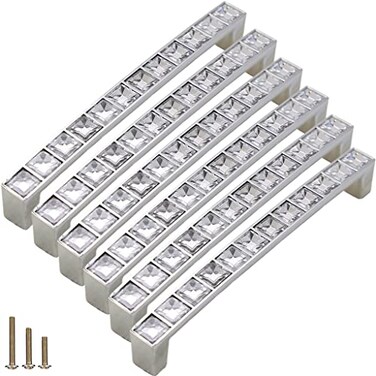 Sinyiol 6Pcs U Shape Crystal Glass Drawer Pulls Knobs HandlesModern Decorated Shiny Cabinet Konbs Zinc Alloy Pulls for Cupboard Wardrobe Dresser Doors 50 Hole Distance Silver 6 Pack