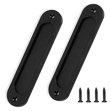 SNOMEL 2Pcs Flush Pull Barn Door Handle Matte Black 6 Inch Round Corner Rectangular Flat Plate Recessed Flush Sliding Pocket Door Handles Aluminum Finger Handle for Closet Cabinet Drawers