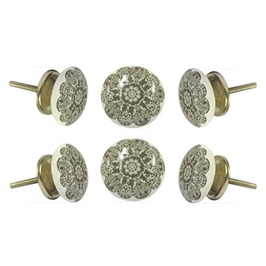 TRINCA-FERRO TRINCAFERRO Set of 6 Grey Ceramic Floral Cabinet Knobs Decorative Drawer Pull Handles for Kitchen Bedroom Bathroom Furniture Dresser Wardrobe Easy Installation