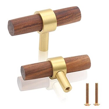 Uenhoy 2 Pack Wood T Knobs Wood Cabinet Pulls Handles 23660mm Walnut Cabinet Pulls Gold Brass Base Single Hole Drawer Pulls