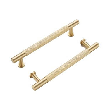 Urnew Brushed Gold Kitchen Cabinet Pulls 2 Pack 5 Inch Solid Brass Handles for Dresser and Drawers Knurled Furniture Door Hardware Bathroom Cabinet Pulls
