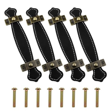 VAKTOK Leather Handle Leather Trunk Handles Black Leather Handle for Handheld Replacement of Luggage Closets Cabinet doorknobs suitcases etc 4pcs