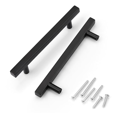 KNOBWELL 6 Pack 5 Modern Stainless Steel T Bar Cabinet Handles Square Black Drawer Pulls Kitchen Cupboard Handles Hole Center 5 Overall Length 712