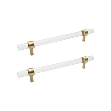 Savagrow 2pcs Brushed Brass Acrylic Cabinet Pulls 63 Hole Center Modern Clear Tbar Drawer Pulls Handles