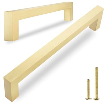 QOGRISUN 2 Pack Solid Brass Cabinet Pulls 5 Inch Hole Center Brushed Matte Gold Square Drawer Handles Modern Brass Hardware for Kitchen Dresser Bathroom Cupboard Furniture