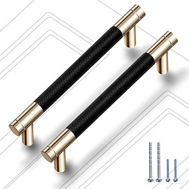 Gutuwellea 2 Pack 5 Inch 128 mm Knurled Cabinet Handles Cabinet Pulls Aluminum Handles Knurled Drawer Pulls Gold and Black Oxidation Finish with Diamond Pattern 62 Length 5 Hole Center