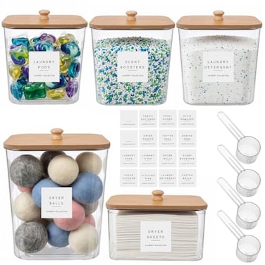 POLRAI 5 Pack Laundry Pod Containers and Dryer Sheet Holder Laundry Room Organization Storage Containers with Lids and Labels for Detergent Pods Dry Sheet Organizing