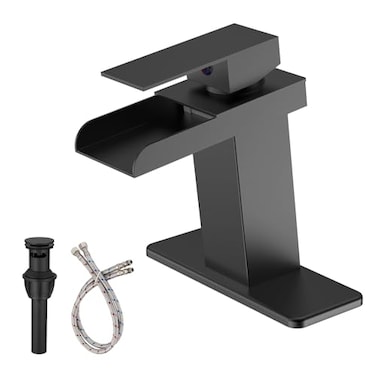 BATHLAVISH Waterfall Bathroom Faucet Single Hole Matte Black Single Handle Bathroom Faucets for 1 or 3 Hole Sink Faucet wPop Up Drain Mixer Tap Basin Deck Supply Hoses