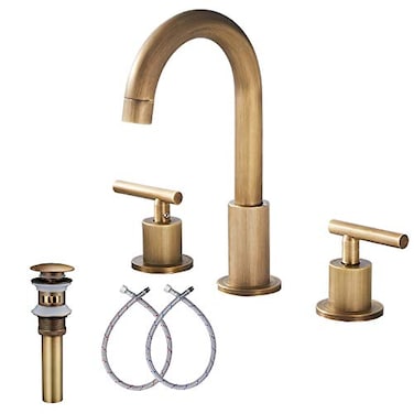 GGStudy 2Handle Bathroom Faucet 3 Holes 360 Swivel Spout Antique Brass Widespread Bathroom Sink Faucet with Pop Up Drain