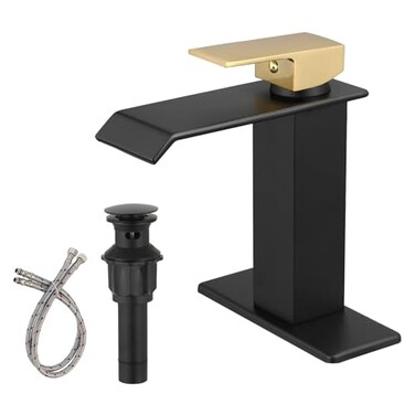 Homevacious Black and Gold Bathroom Faucet Waterfall Single Handle 1 Hole with Pop Up Drain Assembly and Deck Plate Vanity Sink Lavatory Solid Brass Mixer Tap Commercial