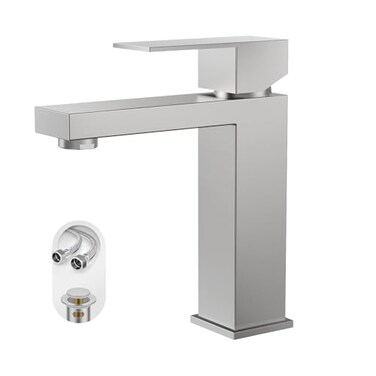 phiestina Phiestina Single Hole Brushed Nickel Square Single Handle Bathroom Vanity Faucet with Metal pop up Drain with Deck Plate Overflow Water Supply line BF3530BN