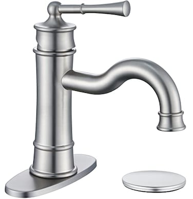 WINKEAR Roman Bathroom Sink Faucet Brushed Nickel Single Hole DeckMount Popup Drain Assembly with Overflow Deck Plate and Water Supply Lines Included
