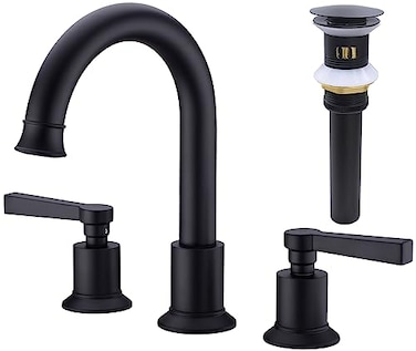 TRUSTMI Matte Black Bathroom Faucet Brass 2 Handle 8 Inch Widespread Lavatory Vanity Faucet with Metal Overflow Sink Drain