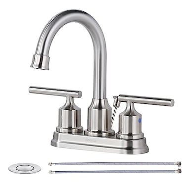 WOWOW 4 Inch Bathroom Faucet 3 Hole Brushed Nickel Bathroom Sink Faucet Centeret Basin Faucet 2 Handle RV Sink Tap Modern Vanity Taps with Drain and Hose