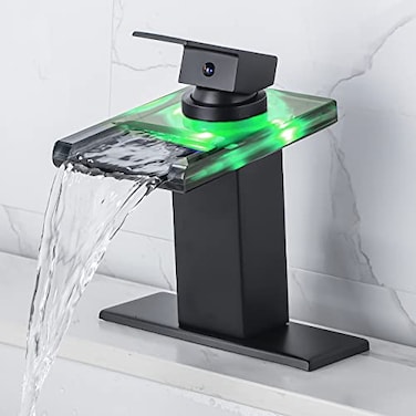Y-Garhe YGarhe LED Bathroom Sink Faucet Matte Black Single Hole or 4 Inch Centerset Waterfall Faucet with Glass Spout and TemperatureSensitive LED Lights Includes Deck Plate