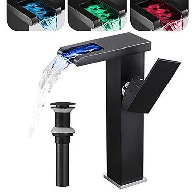 Chiczam Black Bathroom Vessel Faucet Led Light 3 Color Changing Waterfall Single Handle One Hole Bowl Sink Faucet Vanity Lavatory Deck Mount Mixer Tap Tall with Pop Up Drain Without Overflow and Suppl