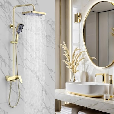 Chalirs CHALIRS Shower Systems with 12 x8 Inches Rain Shower HeadBrushed Gold Exposed Pipe Shower System3 Functions Tub Shower Faucet SetsOverhead Shower System with Handheld