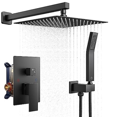 FORIOUS Rain Shower Head System Shower Faucet Set with Handheld Spray Combo Roughin Valve Solid Brass Pressure Balanced Valve Trim Kit 10 Wall Mounted Matte Black