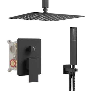 HoliSpa Ceiling Mount Shower System Black Shower Faucet Set with 12Inch Rain Showerhead and Handheld Spray Combo HighPressure Showerheads Set with Valve and Trim Kit Matte Black