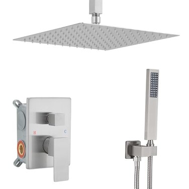 JingGang 12 Inch Ceiling Mount Brushed Nickel Shower System Bathroom Luxury Rain Mixer Shower Combo Set Ceiling Rainfall Shower Head System Contain Shower Faucet Roughin Valve Body and Trim Kit