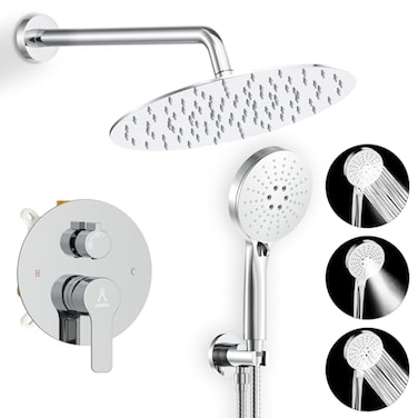 JQBQS Shower Faucet Set 12IN Brass RoughIn Valve Body Trim Kit Rainfall Included Handle Accessories Complete 2 Functions with Rain Head and Handheld Bathroom Systems 12 Chrome Polished