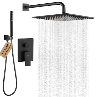 POP SANITARYWARE Matte Black Shower Faucet Set Rainfall 12 Inch Shower Head and Handle Set Bathroom Rain Shower System Wall Mounted Shower Fixture Include Shower Valve and Trim Kit