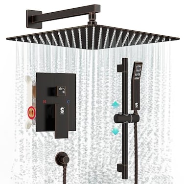 SR SUN RISE 12 Inch Oil Rubbed Bronze Shower Faucet Set WallMount Adjustable 16Inch Slide Bar with Square Hand Shower System Included Valve and Trim Kit