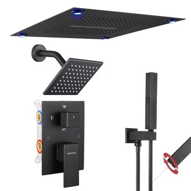 VANFOXLE Shower Faucet Set Matte Black Four Modes Shower System Shower Faucet with 2 in 1 Handheld Ceiling Mount 16 Inch LED Shower HeadRain and Waterfall6 Inch Shower Head