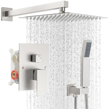 IUERASD Shower Faucet Set with Shower Head Wall Mount 10 Inch Square Rainfall Shower Head and Handle Set Single Handle Shower System Set with Female Threads Valve Body and Trim IncludedBrush Nickel