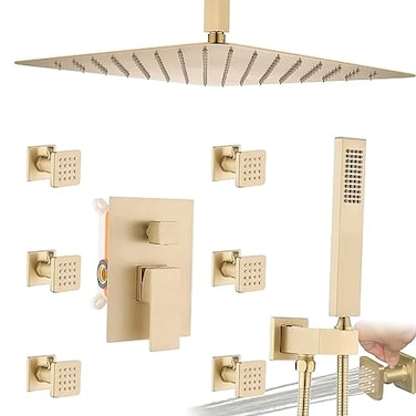 Enga Body Jets Shower System with OnOff Switch 16 Inch Ceiling Rain Shower Head with Jets Shower Faucet Fixture Complete Set Brushed Gold